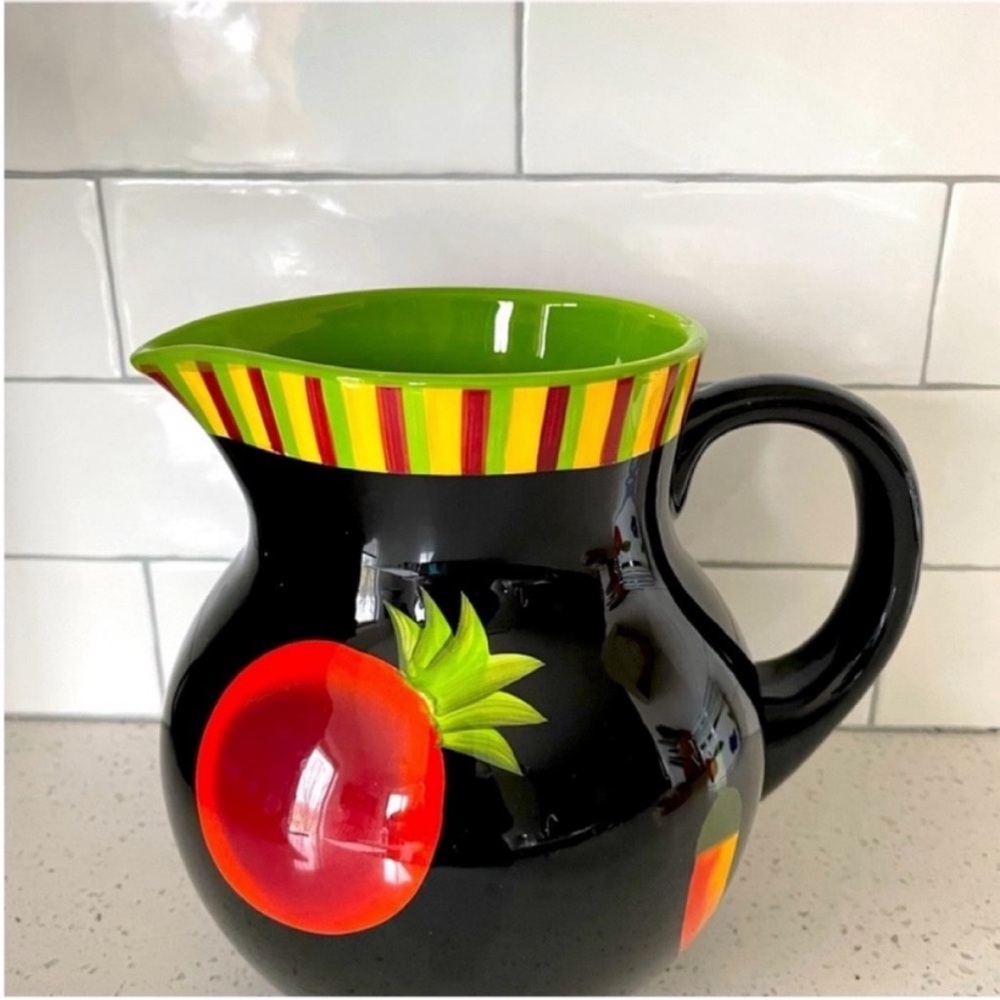 Crate&Barrel Black Red Yellow Ceramic Pitcher With Fruits